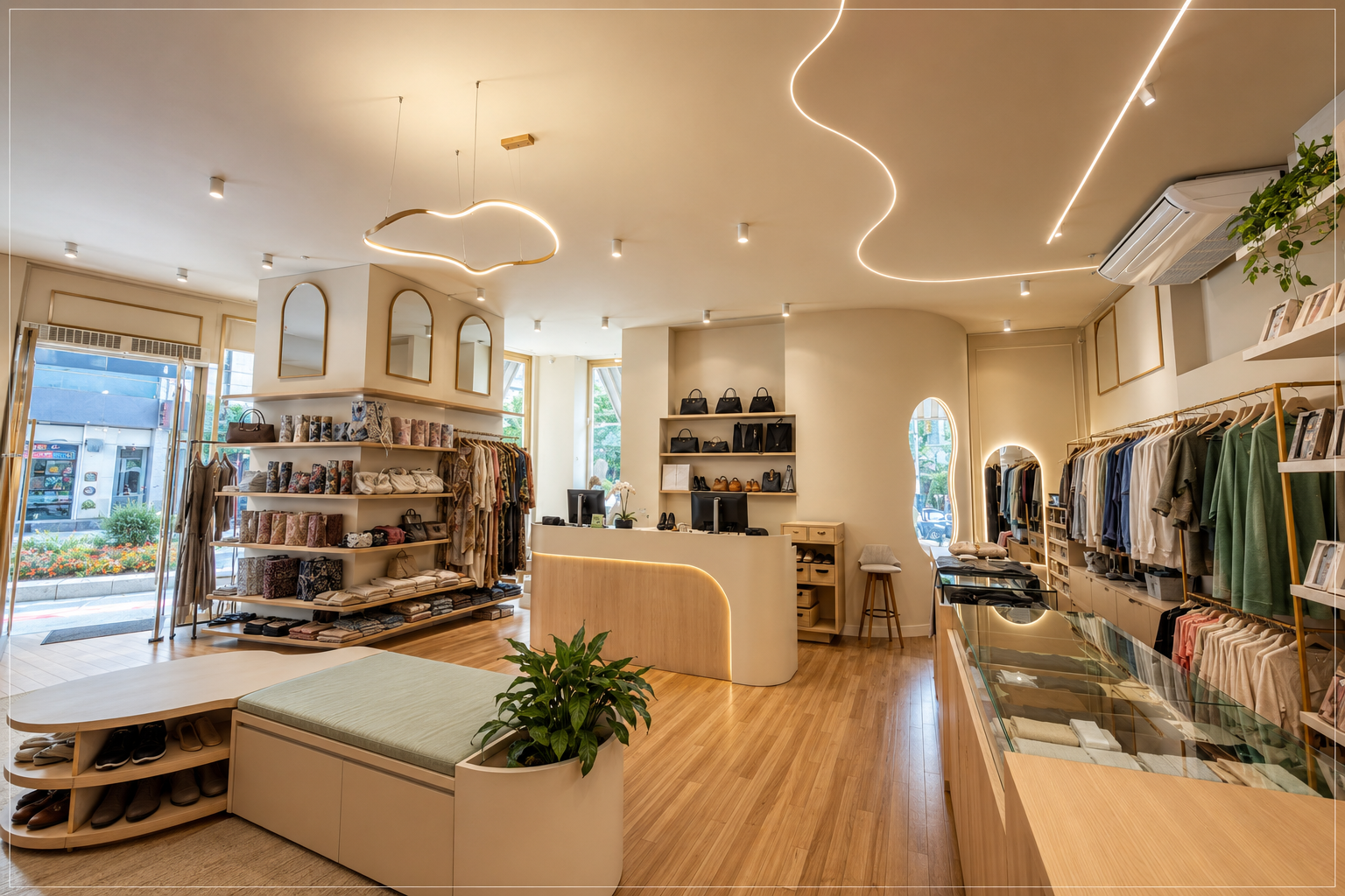 Interior da boutique Sonho Chic com iluminação quente, araras organizadas e ambiente acolhedor